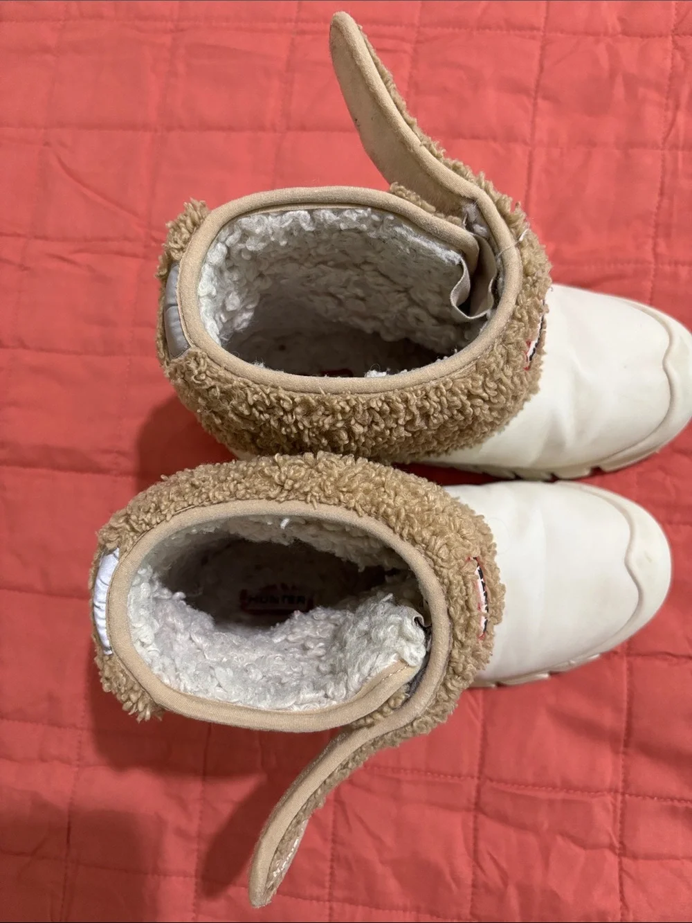 Hunter Kids White Rubber Boots with Brown Sherpa Cuff
